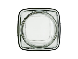 The squared empty glass jar isolated on a white background. Top view