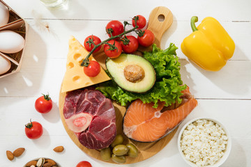 Ketogenic low carbs diet - food selection on white wooden background. Balanced healthy organic ingredients of high content of fats. Nutrition for the heart and blood vessels. Meat, fish and vegetables