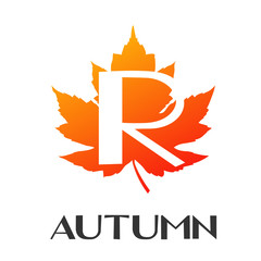 Logotipo con texto Autumn con letra R en espacio negativo sobre hoja en color naranja