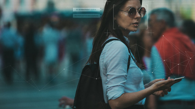 Facial recognition and search and surveillance of a person in the modern digital age, the concept.