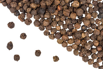 Black peppers peas isolated on white, top view