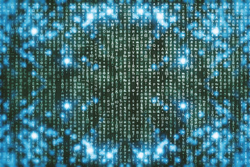 Blue green matrix digital background. Abstract cyberspace concept. Green characters fall down. Matrix from symbols stream. Virtual reality design. Complex algorithm data hacking. Cyan digital sparks.