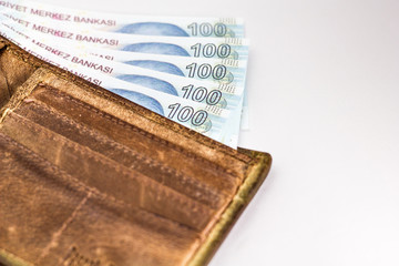 Turkish lira banknote in wallet isolated