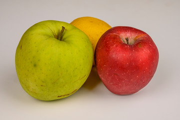 Ripe green and red apples on white background. Not isolate
