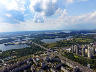 Aerial drone view of Kiev cityscape, Dnepr river. (drone image). 