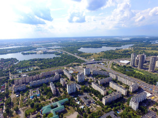 Fototapeta premium Aerial drone view of Kiev cityscape, Dnepr river. (drone image). 