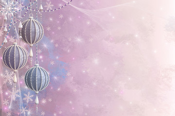 Fototapeta na wymiar Christmas shining background New Year, silver snowflake, ball, fantastic blurred cloud and sky gradient, soft focus, glittering sparkling stars, burning lights, dream, pink pastel colors 3d rendering