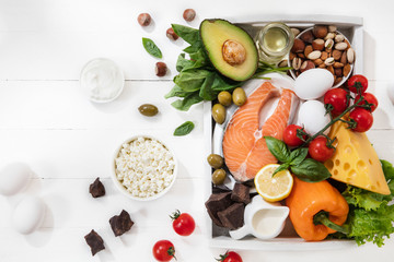 Ketogenic low carbs diet - food selection on white wooden background. Balanced healthy organic ingredients of high content of fats. Nutrition for the heart and blood vessels. Meat, fish and vegetables