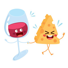 Cute wine glass and cheese slice food mascot characters holding hands best friends forever
