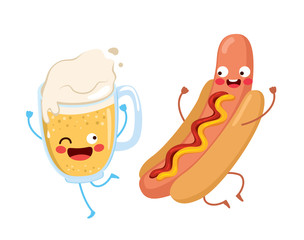 Cute fresh beer mug and delicious hot dog with mustard and ketchup fun food mascot cartoon characters happy jumping