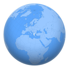 Greece (Hellas) on the globe. Earth centered at the location of the Hellenic Republic. Map of Greece. Includes layer with capital cities.
