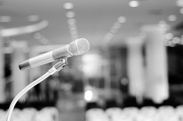 Close up Microphone for broadcast karaoke or on stage. Mic is on stage in the conference room.