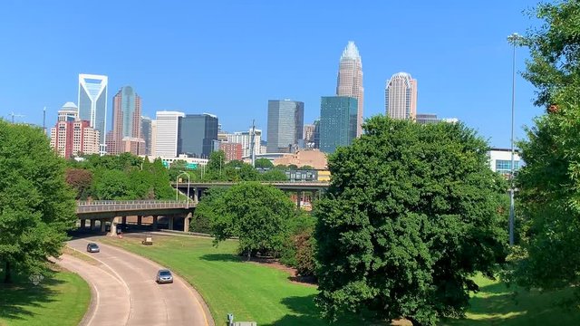 Charlotte NC skyline cityscape on a blue sky summer day