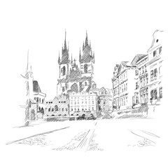 Temple of the Virgin Mary in Prague. A quick sketch with a pencil.