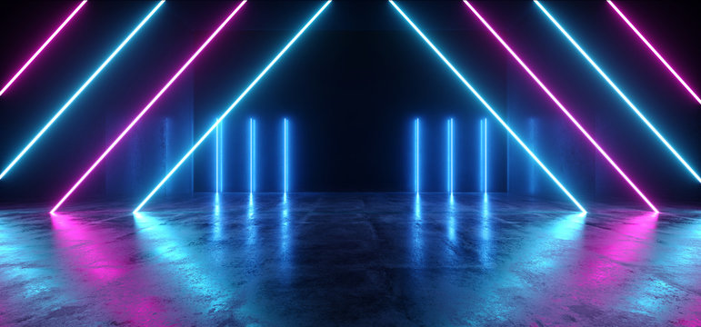 Neon Glowing Lights Retro Cyber Triangle Blue Purple Luminous Fluorescent Lights Abstract Grunge Concrete Tunnel Room Sci Fi Futuristic Stage Empty Night Background 3D Rendering