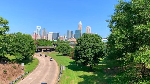 Charlotte NC skyline cityscape on a blue sky summer day