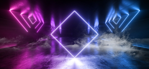 Smoke Neon Glowing Plasma Retro Cyber Virtual Purple Blue Luminous Fluorescent Tube Lights Abstract Grunge Concrete Tunnel Room Sci Fi Futuristic Stage Empty Night Background 3D Rendering