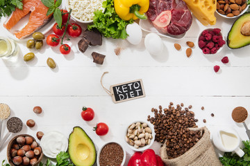 Ketogenic low carbs diet - food selection on white background. Balanced healthy organic ingredients of high content of fats for the heart and blood vessels. Meat, fish and vegetables. Copyspace.