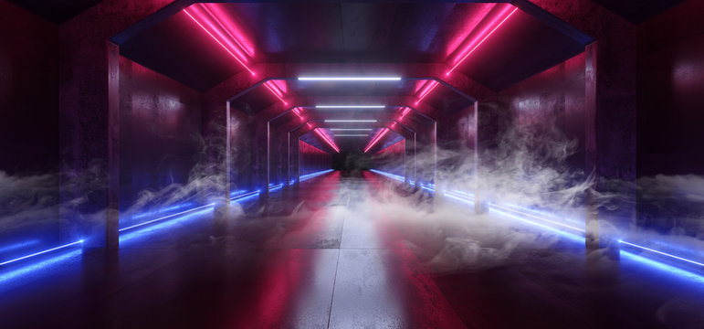 Smoke Sci Fi Futuristic Neon Glowing Purple Blue Vibrant Reflective Dark Concrete Grunge Alien Tunnel Corridor Virtual Cyber Spaceship Night Retro Modern 3D Rendering © IM_VISUALS