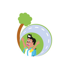 cute little student boy with bag school and tree plants