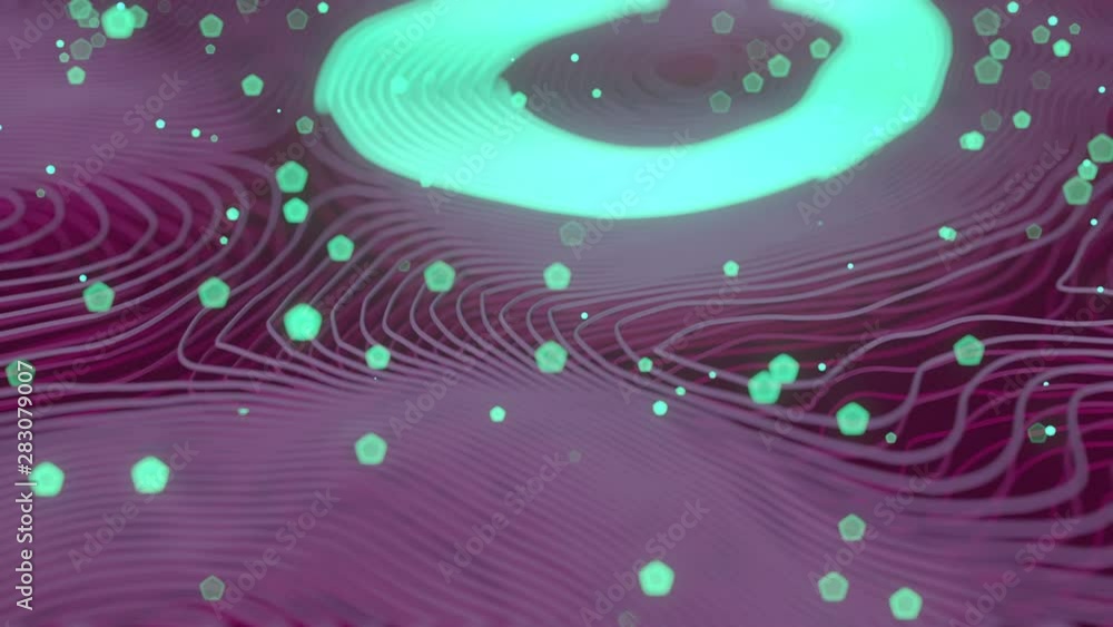 Leinwandbilder Pink colored abstract background with bright particles. Deformed wavy wires with motion glowing elements. Depth of field. 3D render loop animation. 4K, Ultra HD resolution.