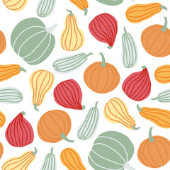 Hand draw Pumpkin Seamless Pattern in simple Doodle Style Vector Background Pumpkins in Pastel color of different shapes isolated on white Background. Template for Halloween, Thanksgiving, Harvest