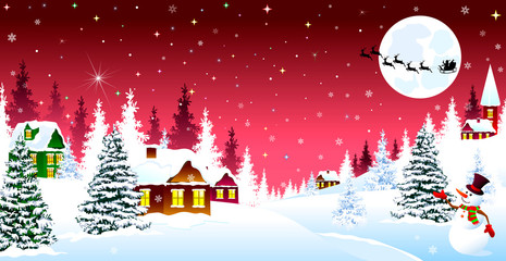 Fototapeta na wymiar Christmas winter night over a snow-covered village. Winter rural landscape. The night eve Christmas. Village, snow, forest. Shining stars and snowflakes in the night sky. Santa on a sleigh on the back