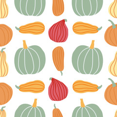 Hand draw Pumpkin Seamless Pattern in simple Doodle Style Vector Background Pumpkins in Pastel color of different shapes and sizes. Template for Halloween, Thanksgiving, Harvest