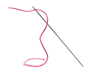 Sewing needle and string isolated on white background