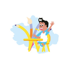 student boy sitting in school desk with set of pencils