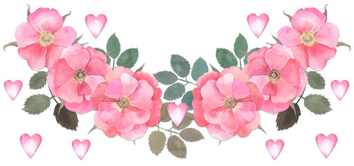 Dog rose garland and hearts on white