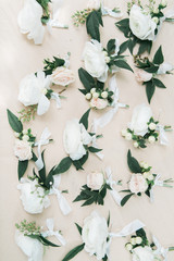 White peony flower boutonnieres, group, florist