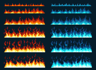 Pixel art fire. Game icons set. Comic boom flame effects for emotion. Blue and red flames.