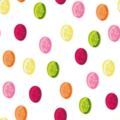 A seamless vector polka dots pattern with colorful hard candies on a white background. Surface print design.