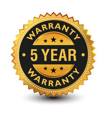 5 Year warranty banner, label, sign, badge isolated on white background.
