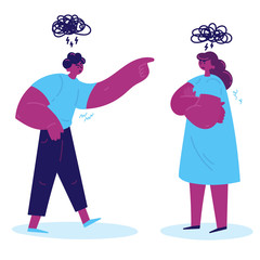 The conflict between a man and a woman.The man yells at the woman, and she gets mad at him.They do not understand each other.Quarrel in the family.Stop domestic violence.Vector.Illustration