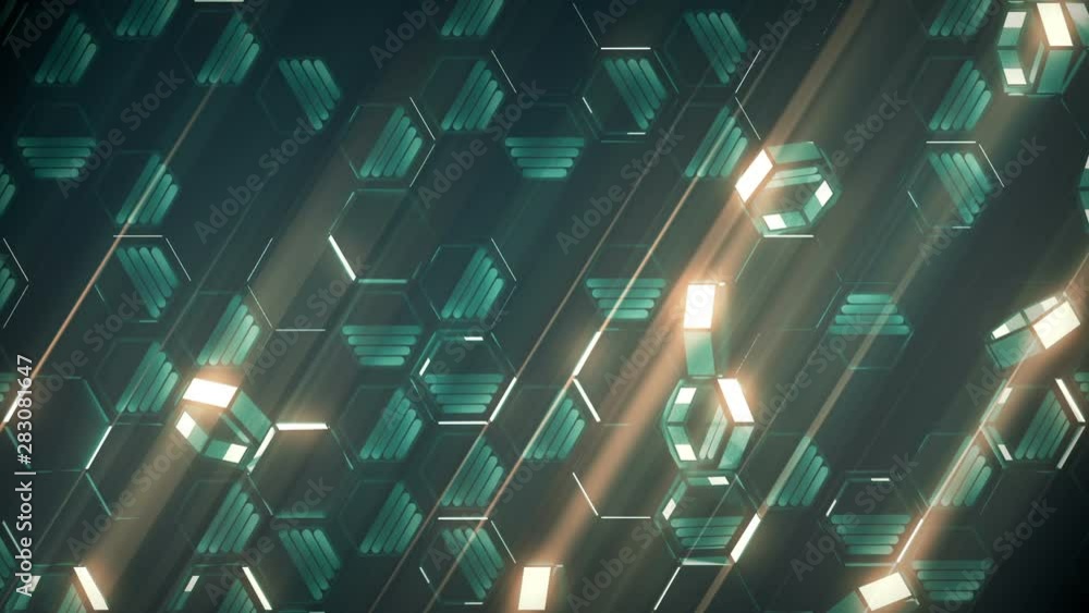 Fototapete Random rotation of shiny green colored honeycomb pattern on a dark background. Graphical design. Digital modern abstract loop animation. 3D rendering. HD resolution