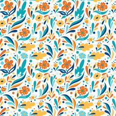 Fototapeta na wymiar Seamless floral pattern in doodle style with flowers and leaves on white background. Print for textile