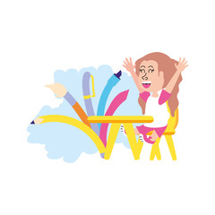 student girl sitting in school desk with set of pencils