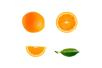 fresh whole and cut orange and slices isolated on white background