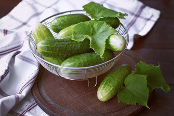 fresh cucumbers on the table close-up. harvest fresh cucumbers on the cutting board in the kitchen.
