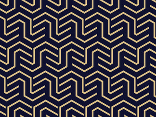 Abstract geometric pattern with stripes, lines. Seamless vector background. Gold and dark blue ornament. Simple lattice graphic design
