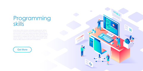 Obraz premium Modern flat design isometric concept of Programming Skills for banner and website. Isometric landing page template. Developer of project team of engineers for website coding. Vector illustration.