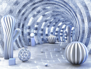 Round tunnel pierced with light with 3D balls 3d rendering
