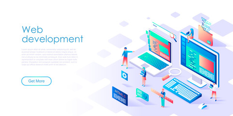 Modern flat design isometric concept of Web Development for banner and website. Isometric landing page template. Teamwork project, web agency and new company project. Vector illustration.