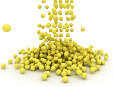 Tennis Balls Pile, 3D Illustration Of Hundreds Of Falling Tennis Balls, Isolated On White Background.