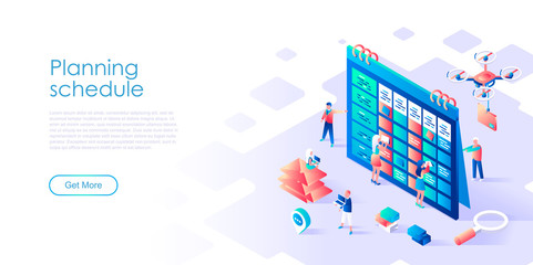 Modern flat design isometric concept of Planning Schedule for banner and website. Isometric landing page template. Team of businessmen are constructing business plan. Vector illustration.
