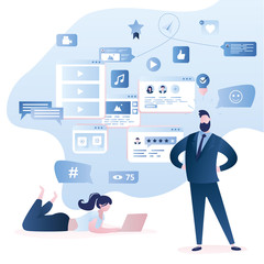 Creative teamwork,businessman and woman programmer.Various web and internet buttons,signs and icons