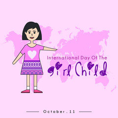 International Day of the Girl Child with The Girl Child cartoon and "International Day of the Girl Child" text, and pink world map background