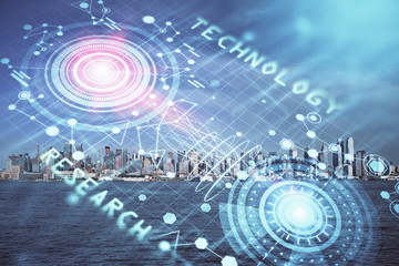 Data theme hologram drawing on city view with skyscrapers background double exposure. Technology concept.